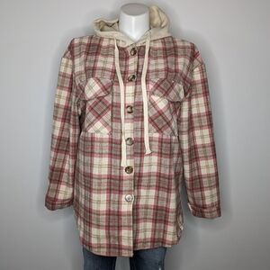 Blushing Brunette tan cream pink plaid button up hoodie jacket XL